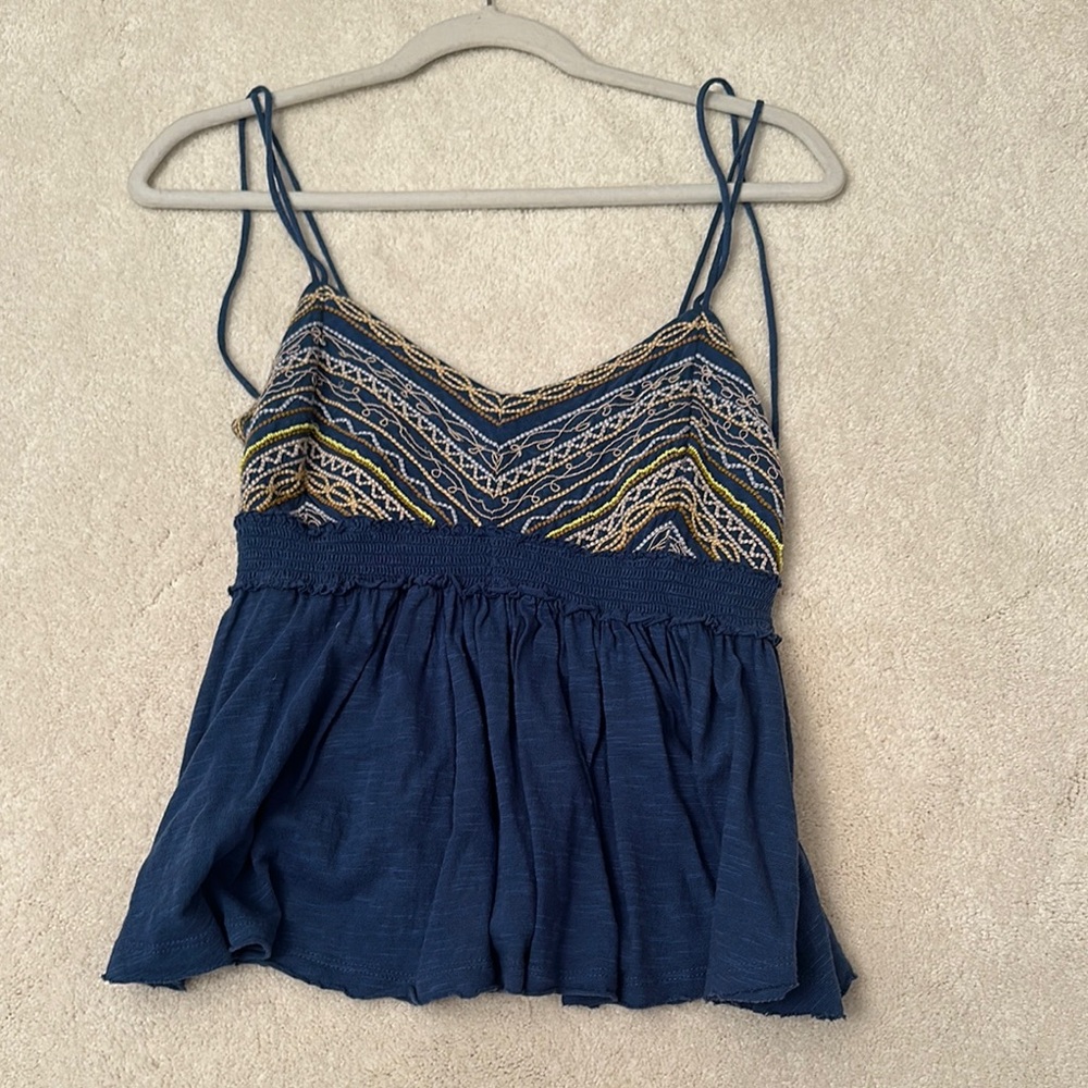 Free People Blue and Gold Smocked Peplum Camisole